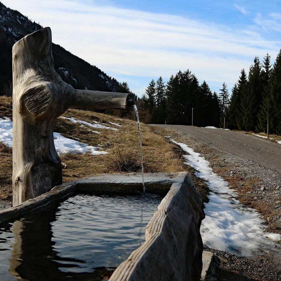 Naturbrunnen mit frischem Quellwasser: Ein plätschernder Brunnen, der von einer Quelle gespeist wird, ein idyllischer Ort der Erfrischung.