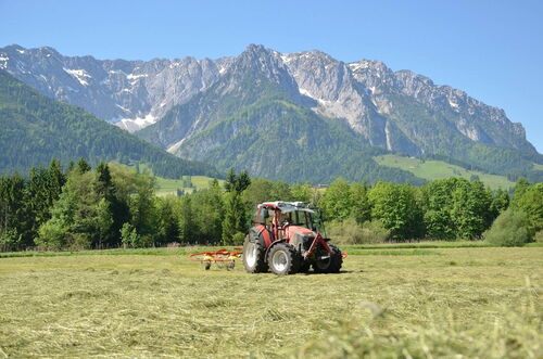 Landwirt mäht mit einem Traktor das Heu auf einer Bergwiese, während die Sonne die alpine Landschaft erhellt.