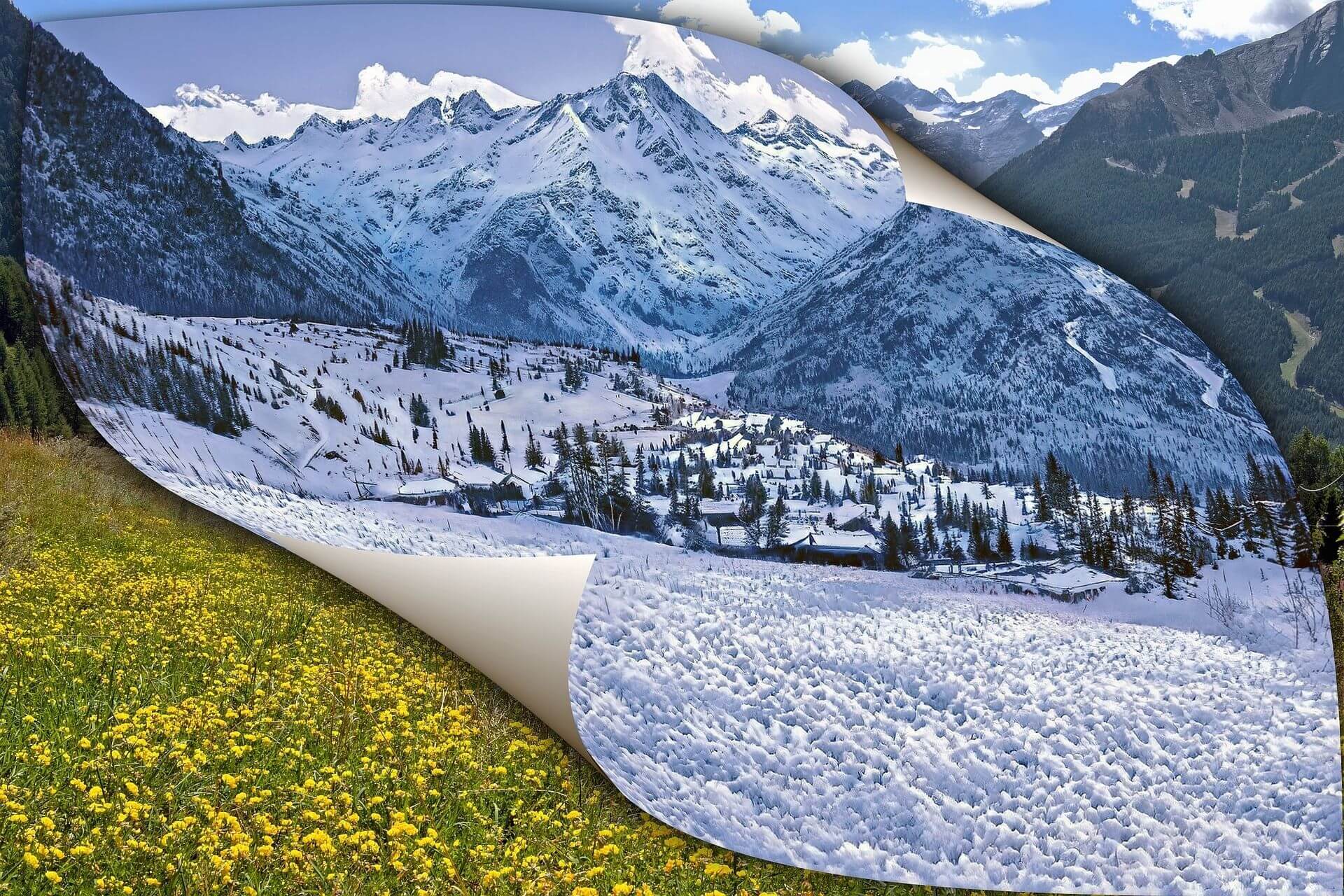 Die Jahreszeiten werden mit blühender Löwenzahnwiese, Schneebedeckter Landschaft und bräunlichen Bergen klar dargestellt.